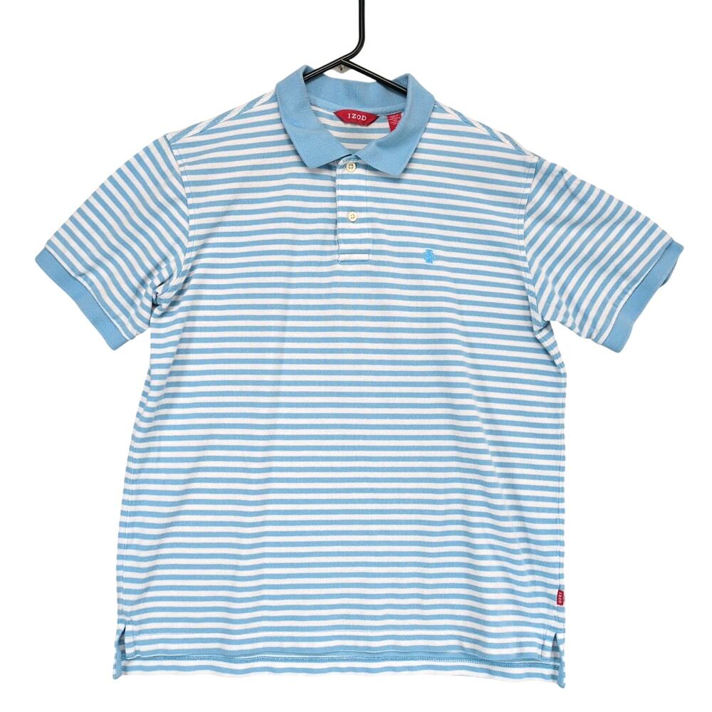 Izod Men's M Light Blue Striped Cotton Polo Shirt, Logo, Golf Preppy Classic Y2K